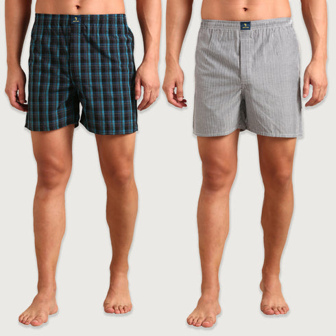 2 Pack Checked & Striped Cotton Boxers